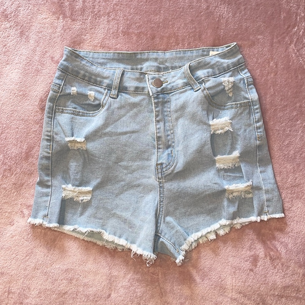 Light-Wash Stretchy Distressed Denim Shorts